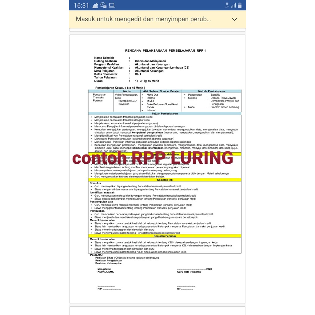 RPP 1 lembar daring dan luring/Tatap muka, SMK AKUNTANSI Mapel Administrasi Umum Kelas 10, 2 Semester