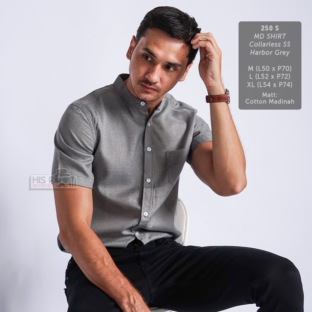 HSRM - Kemeja Pria Kerah Shanghai Kemeja Polos Pria Kemeja Lengan Pendek Collarless MD Shirt 250