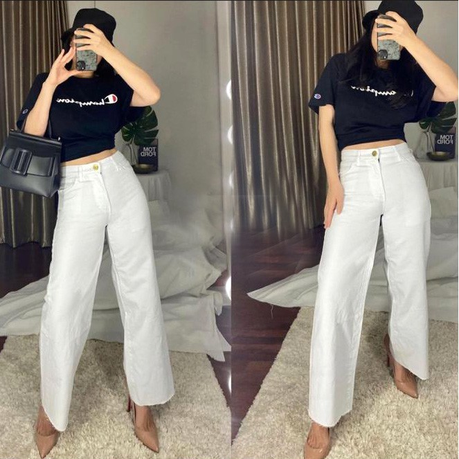 Celana Kulot Wanita bahan Jeans Tebal Model Unfinished Warna Putih / Celana Jins Premium / Cullote Jeans