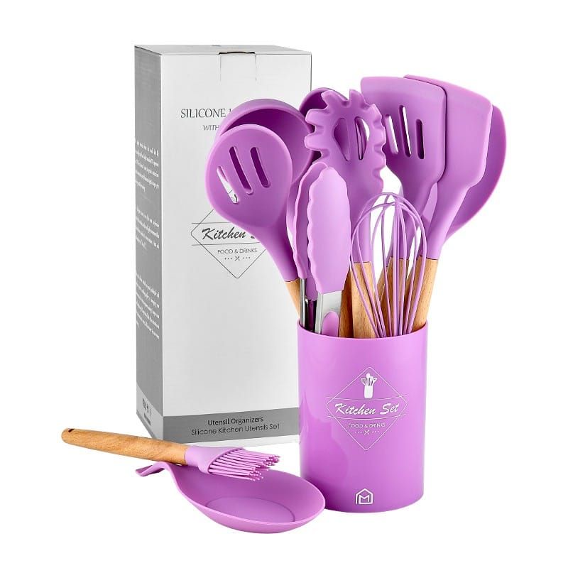 Spatula Peralatan Masak sutil pegangan kayu baking set + wadah / Sillicone Utensil Set 12 Pcs