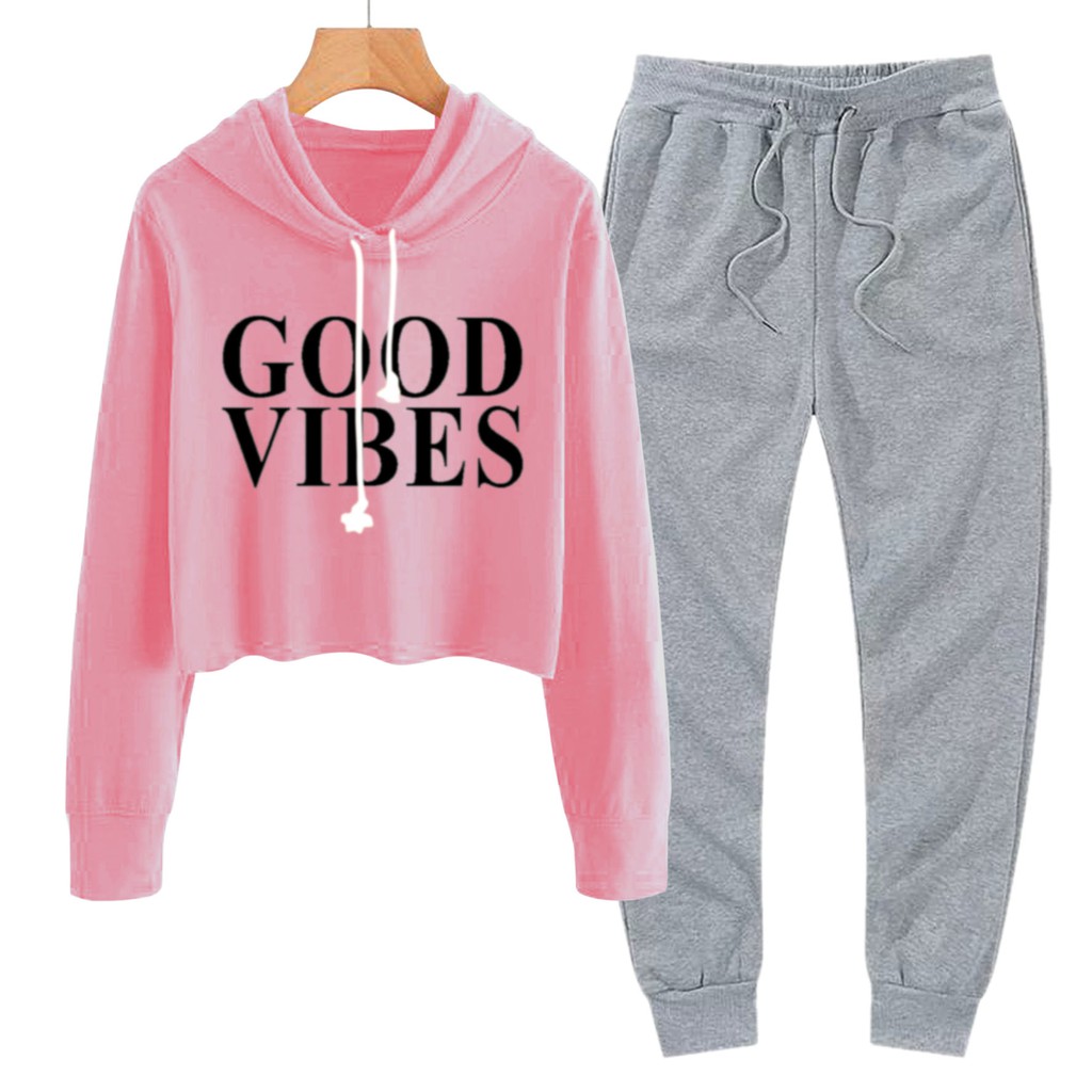 BESS - Baju Setelan Wanita Murah / Setelan Hoodie Crop + Jogger Abu - GOOD VIBE