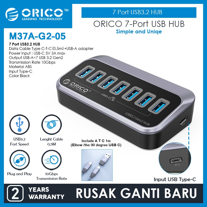 ORICO 7 Port USB3.2 Hub Type C to C USB A 10Gbps 0,5m