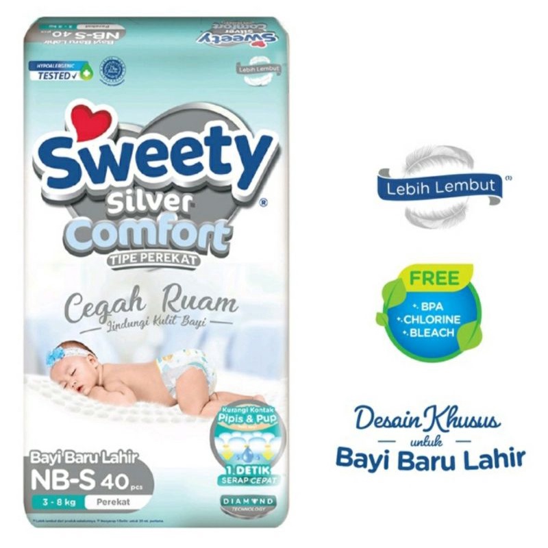 Popok Bayi Sweety SILVER PANTS COMFORT NB-40 | S 32 | M28 | L26 Tipe Perekat Cloud Soft Bayi Baru Lahir NEWBORN Silver NB