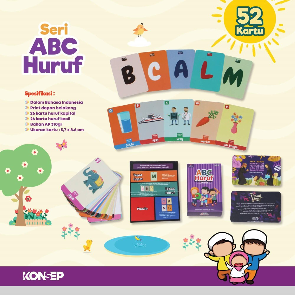 Flash Card ABC Huruf - Kartu Belajar Anak Bergambar - Konsep Studio Original