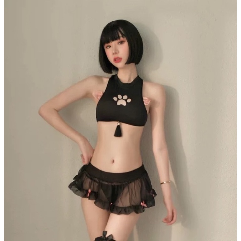 Kitty Set Bra Tassel + Rok Mini Renda Transparan Lingerie Cat Woman Baju Dinas Costume Kucing Paw Wa