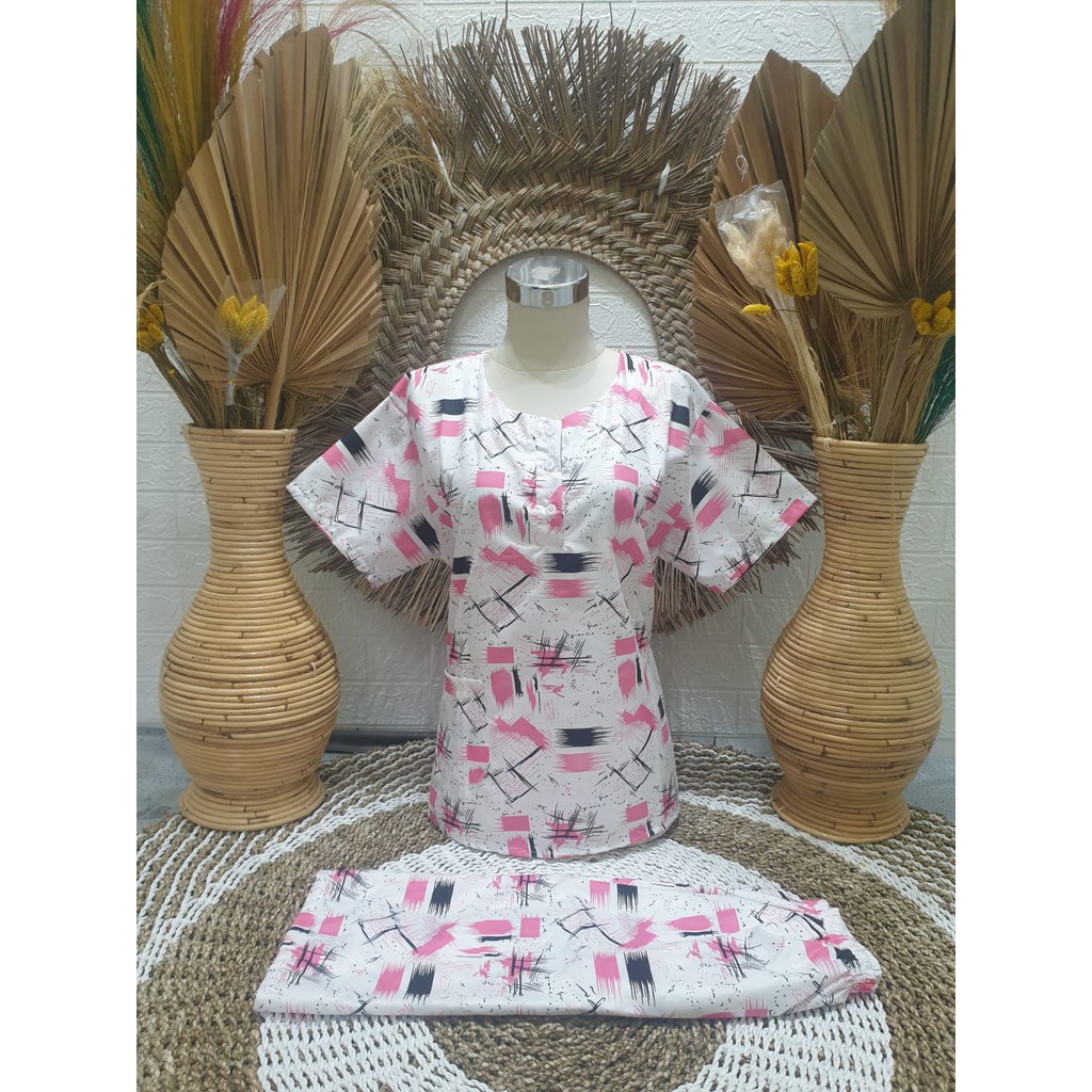 Dtree . Piyama stelan pendek jumbo katun motif abstrak baju tidur kancing depan Ld 120 cm-td abstrak pink
