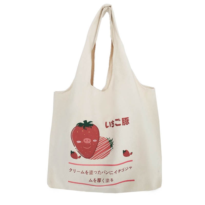 TC-08 tas canvas tote bag wanita import korea jepang simple besar strawberry stroberi