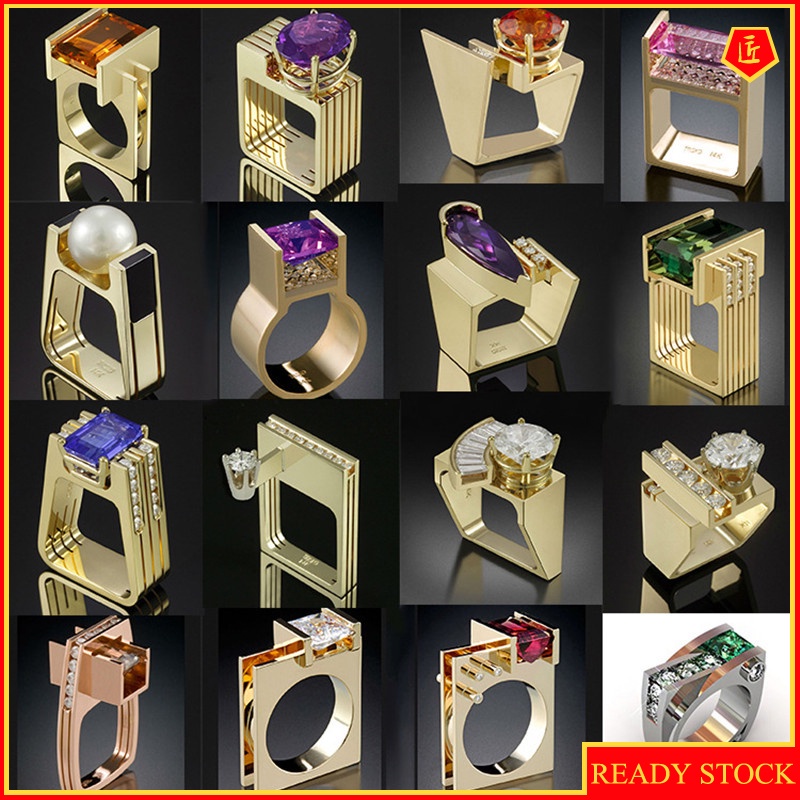 [Ready Stock]Creative Gold Inlaid Colored Gems Geometric Shape Ring for Women