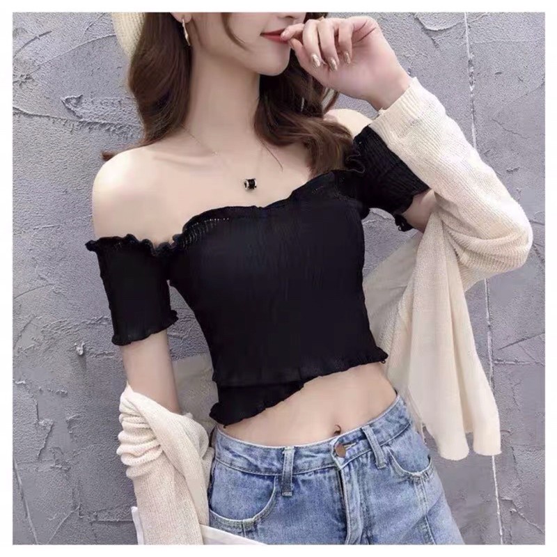 TGM - Atasan Knit Crop top model sabrina lengan pendek bodyfit bahan rajut knitted