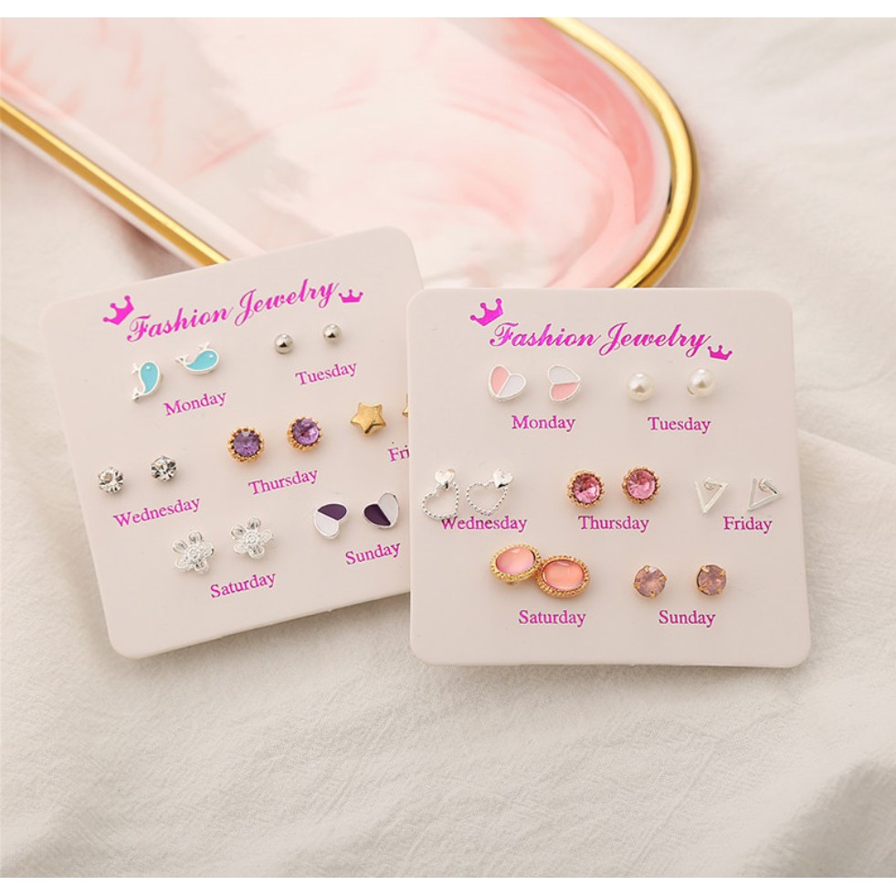 7 Pasang Anting Tindik Tusuk Set Satu Minggu Week Ins Gaya Korea Fashion Plug Earrings Korean Style