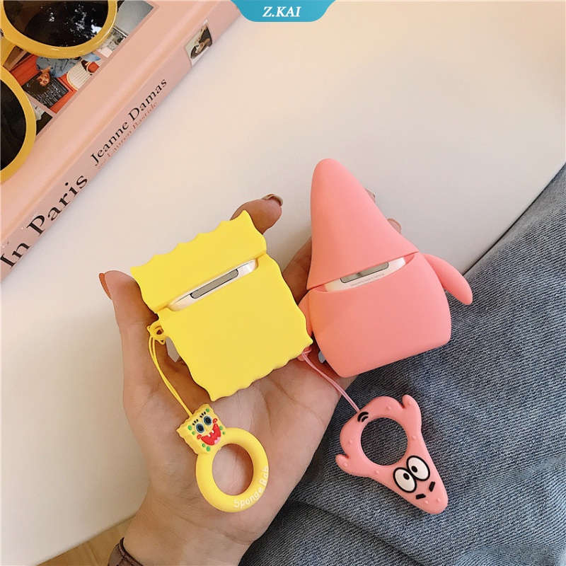 Casing Silikon Motif SpongeBob SquarePants Patrick Star + Gantungan Kunci Untuk Simpan Earphone Wireless Bluetooth AirPods 1 / 2 / 3pro