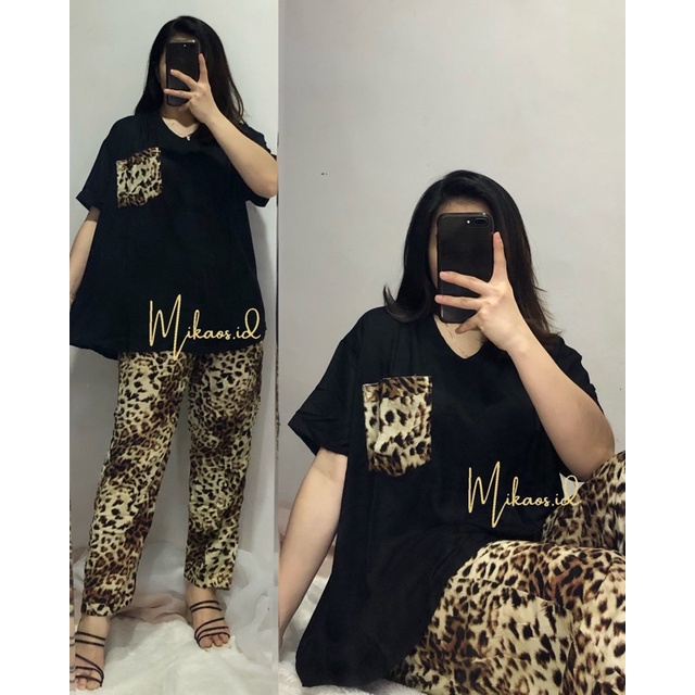 (COD) One set Piyama Abstrak Jumbo fit to Ld120cm | one set piyama rayon jumbo | one set pajamas Jumbo-LEOPARD KOMB LD120cm