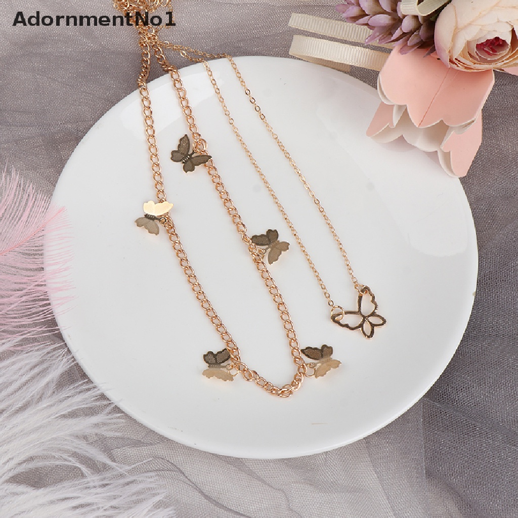 (AdornmentNo1) Kalung Rantai Choker Dua Lapis Dengan Liontin Kupu-Kupu Untuk Wanita