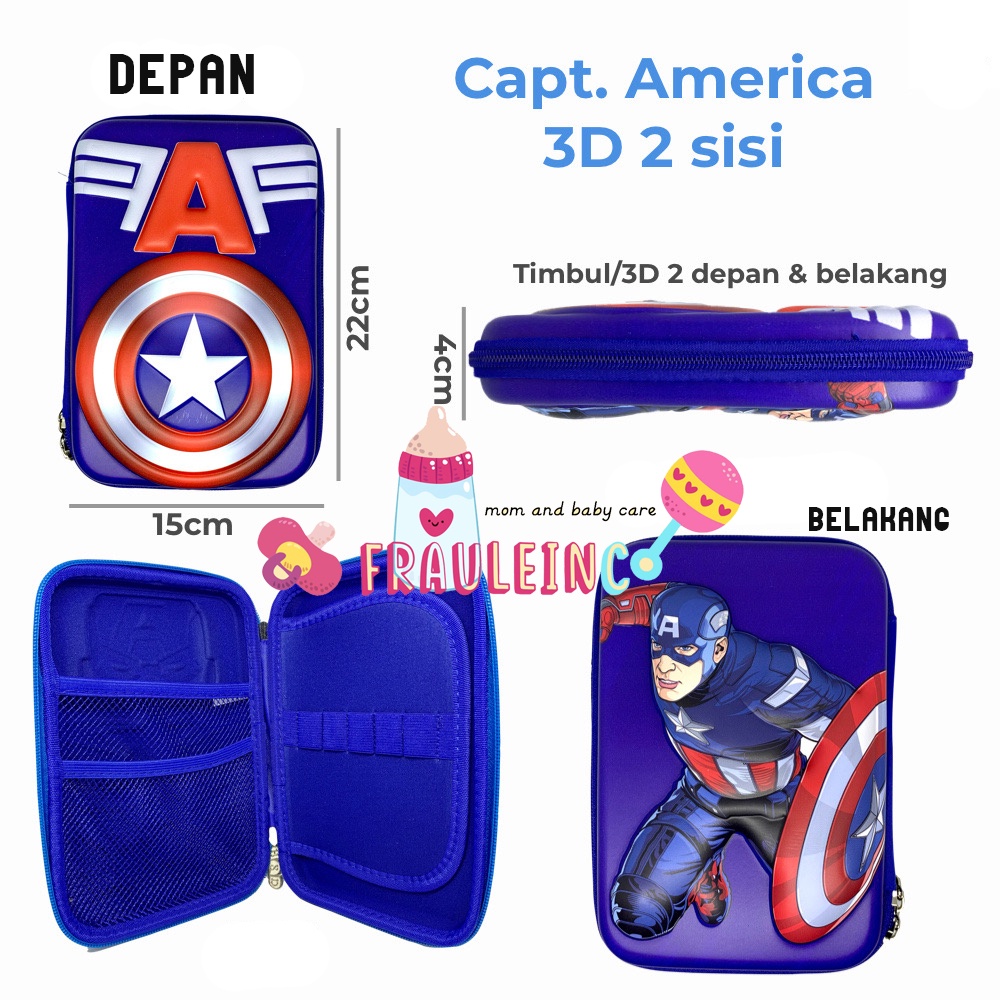 *FRAULEINCO* GROSIR Pencil Case / kotak pensil EMBOSS 6D Unicorn, Lol, Frozen, Batman, Spiderman-2sisi Captain