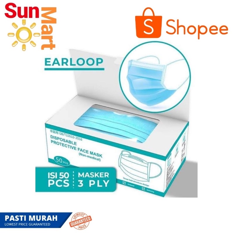 Masker wajah earloop 3 ply disposable isi 50 pcs free box