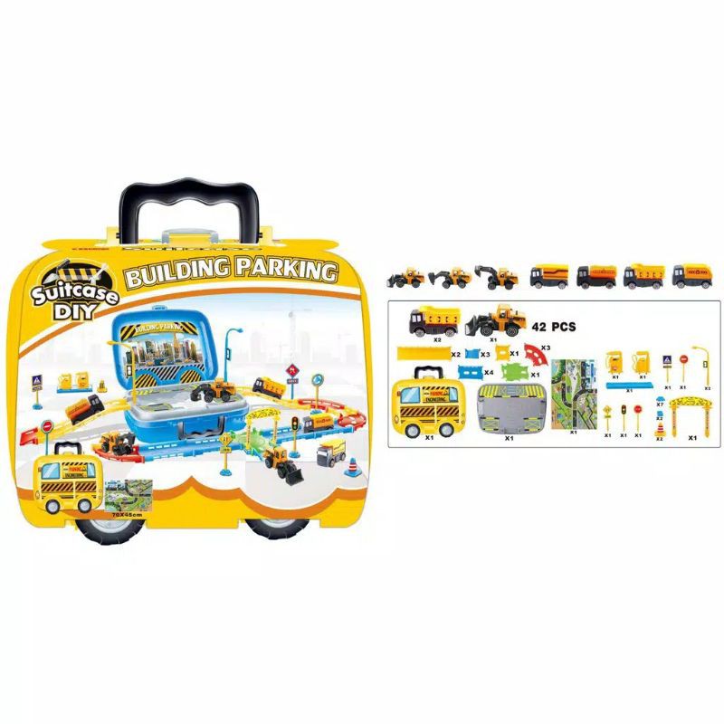 Mainan edukasi anak cowok Building Parking Suitcase DIY koper mobil kontruksi membangun parkiran-3