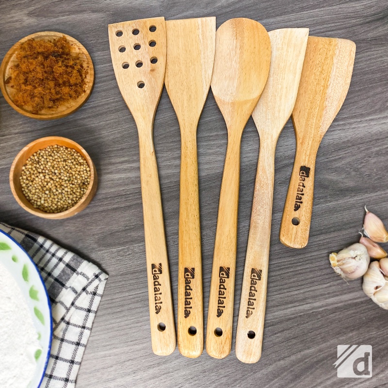 DADALALA Sodet Kayu Set (Isi 5) Bahan Kayu Mahoni Anti Lengket Panjang 35 Cm - Isi Spatula Kayu, Solet, Sendok Sayur, Centong Nasi