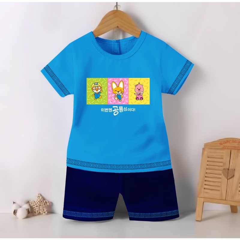 ( COD ) SETELAN BAJU ANAK COWO DAN CEWE MOTIF PORORO / SETELAN KAOS ANAK COWO DAN CEWE GAMBAR PINGUIN PORORO / SETELAN KAOS PORORO-Biru