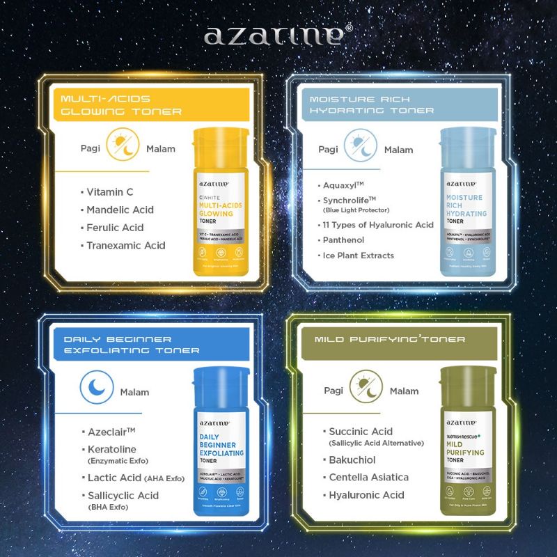 (GOSEND/COD) AZARINE TONER 90ML | MULTI ACIDS GLOWING | MOISTURE RICH HYDRATING | DAILY BEGINNER EXFOLIATING | MILD PURIFYING TONER MELEMBABKAN MENCERAHKAN BRIGHTENING ACNE CALMING JERAWAT