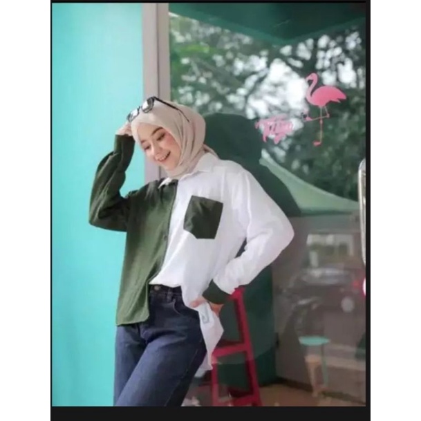 Kemeja Wanita Polos Casual Blouse Basic Kombinasi Warna Lengan Panjang Kekinian  Moscrepe-5