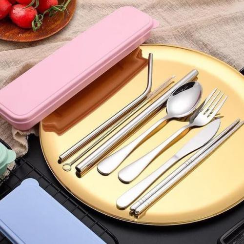 Paket Sendok Sujeo Garpu Sumpit Sedotan Pisau Stainless Warna Alat Makan Cutlery Set Travel Box