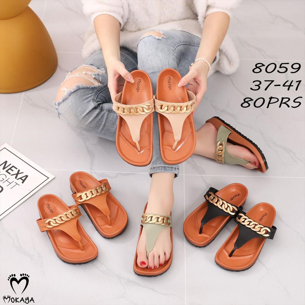 Sandal Jepit T Jelly Wanita Cewek Rantai Gold Warna Polos Elegant Keren Mewah Import Mokaya / Size 37-41 (8059/8059-1)