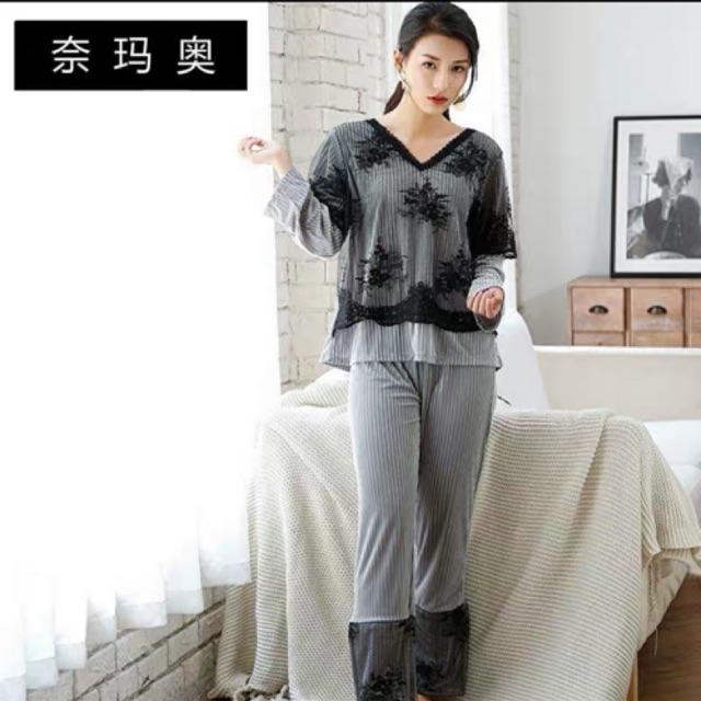 JC- Set Piyama Bulu Bludru PP / Piyama Kimono wanita terbaru / Stelan Bludru Premium import Murah-Lace Grey PP