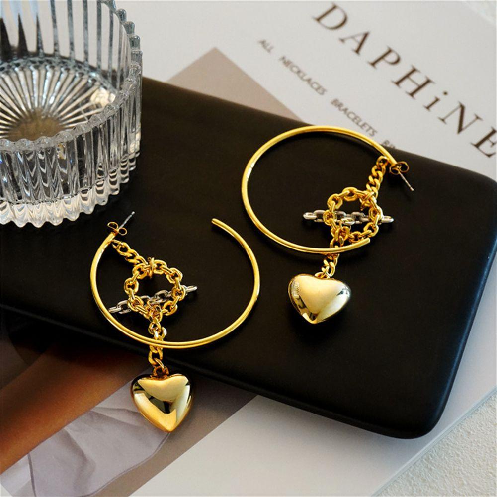 R-bunga Anting Hoop Emas Berlebihan Desain Dilepas Berbentuk C Temperamen Anting Perhiasan Liontin Hati
