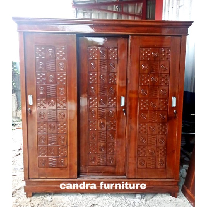 lemari pakaian jati 3 pintu sliding jumbo full gantung