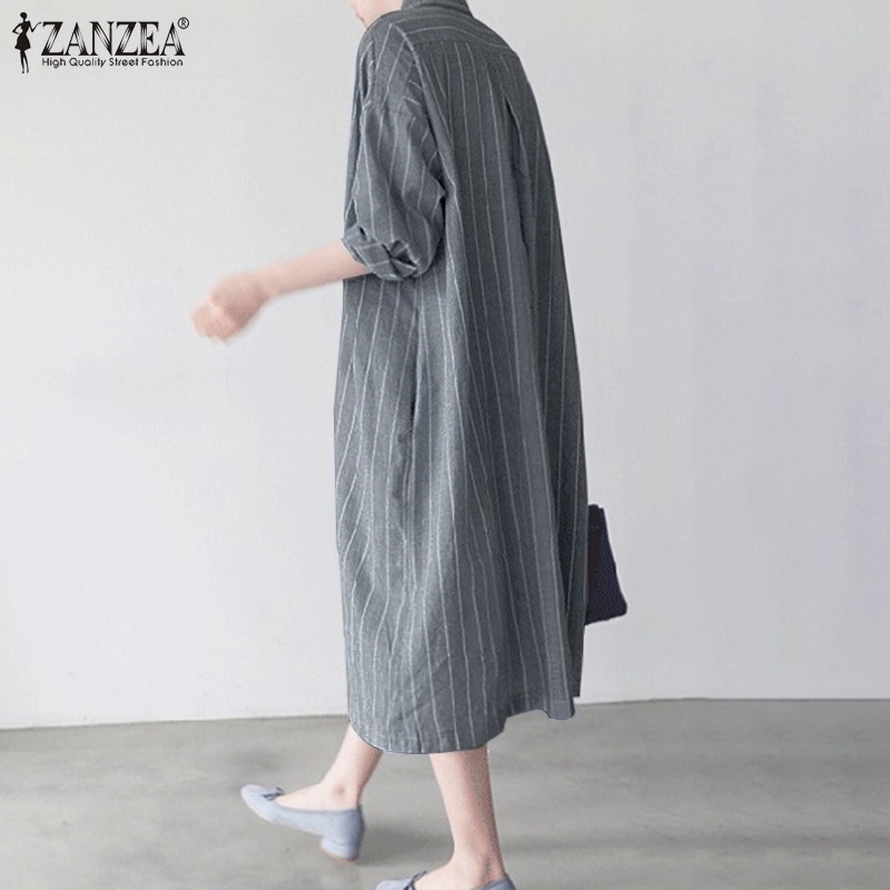 ZANZEA Women Fashion Casual Full Sleeve Cotton Stripe Printed Retro Elegant Midi Dress