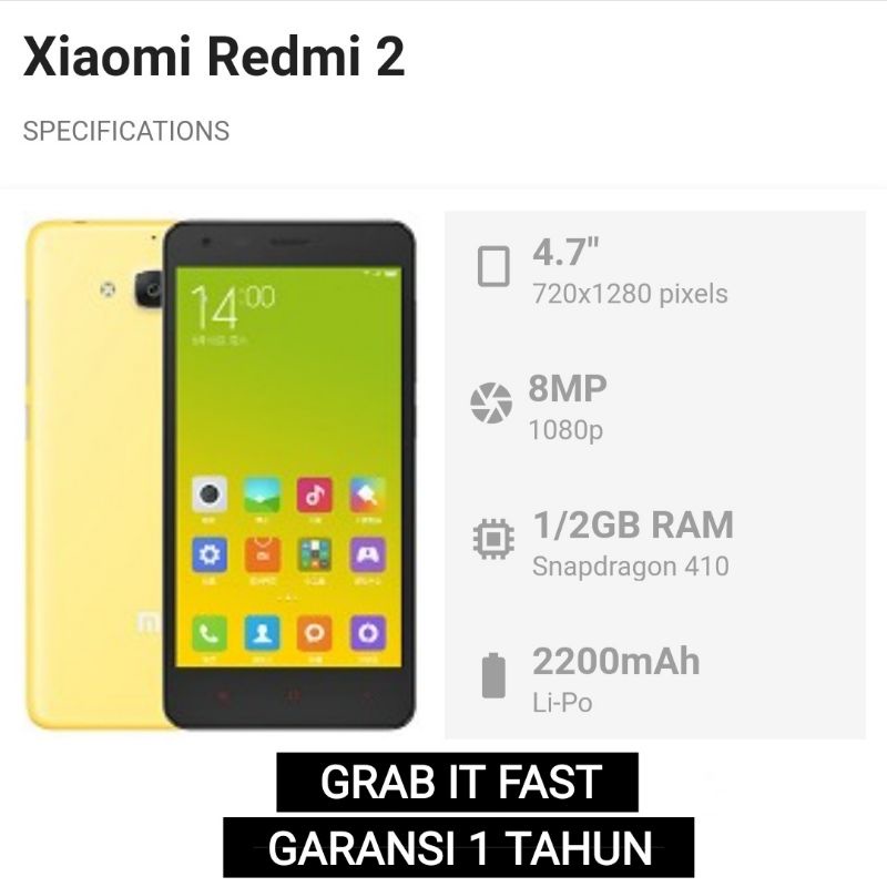 HP Xiaomi Redmi 2 RAM 1GB / 2GB Internal 8GB / 16GB (4G) LTE