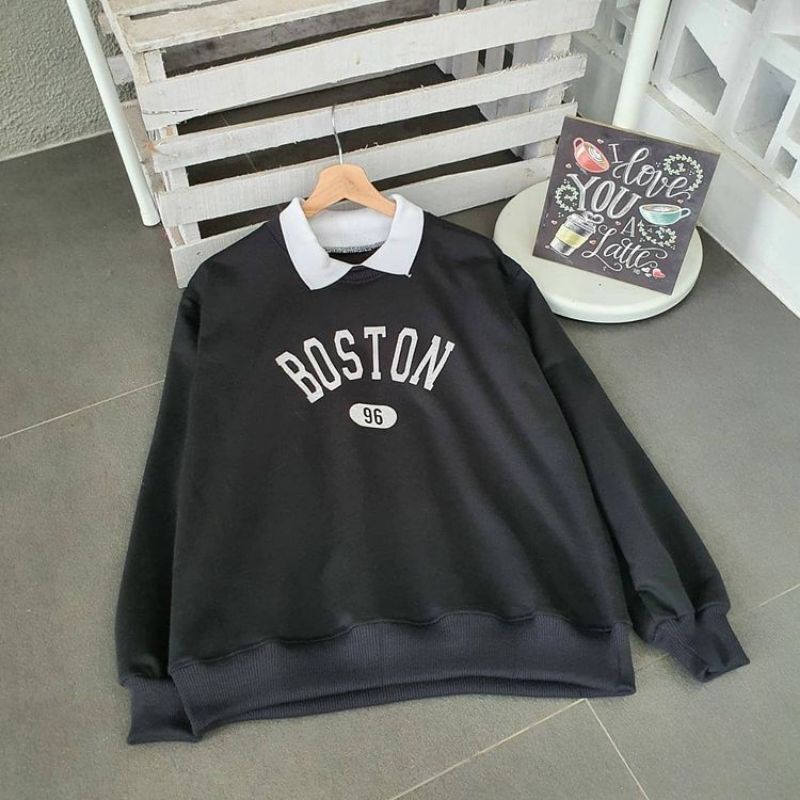 BOSTON COLAR sweatshirt unisex sweater kerah kekinian crewneck oblong couple bahan flecee terbaru