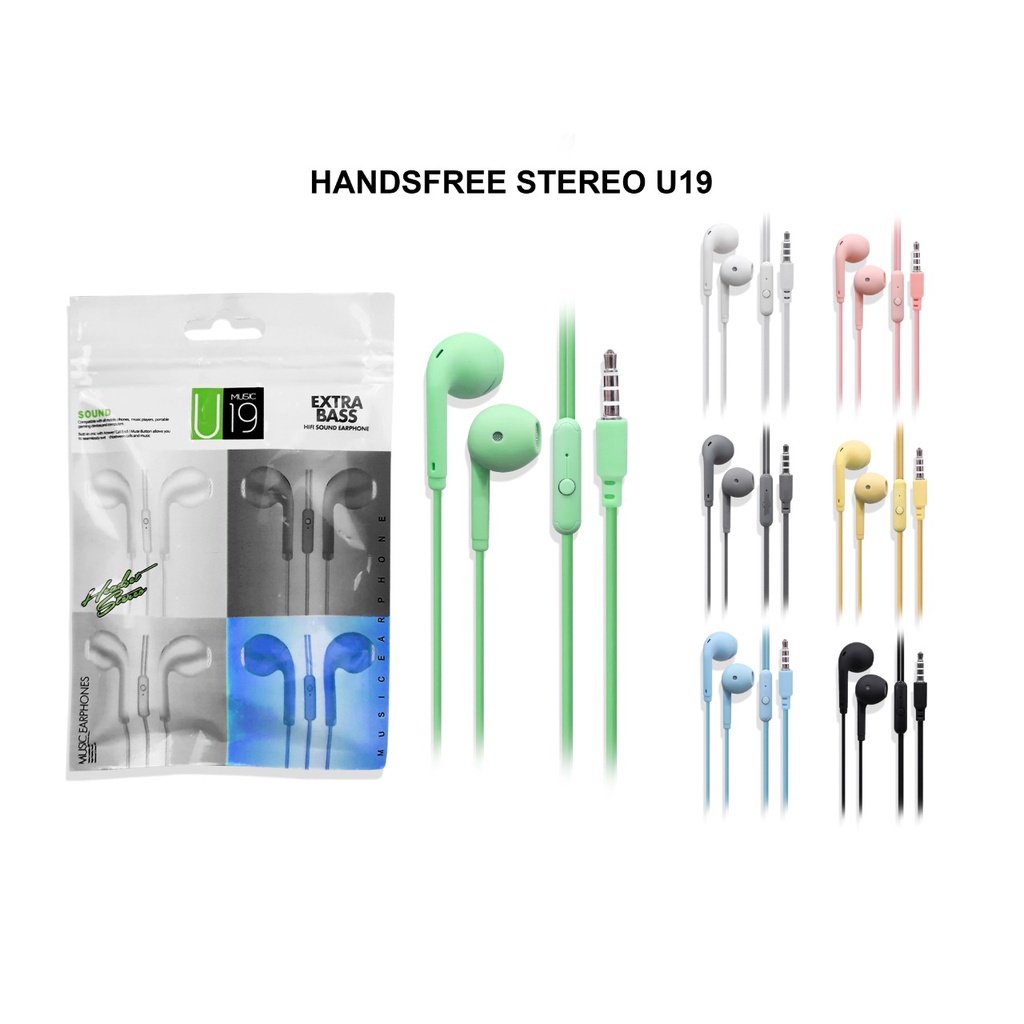 Headsfree Headset Extra bass U19 Macaron Earphone Warna Warni Doff