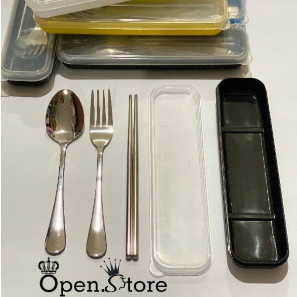 READY STOCK Set Alat Makan Box Transparan ( Sendok Garpu dan Sumpit ) Stainless Steel HQ!