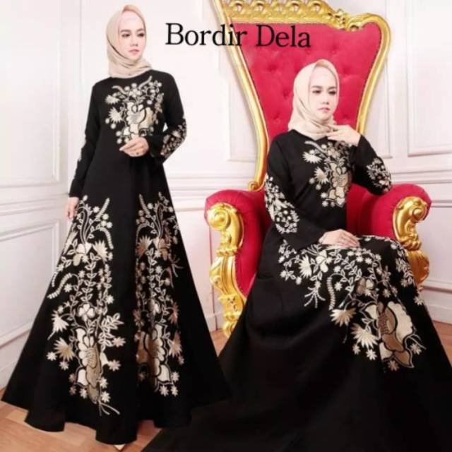 Abaya Gamis Maxi Dress Arab Saudi Bordir Dela Turki Umroh Dubai Turkey India Jetblack Hitam Syari couple ibu dan anak