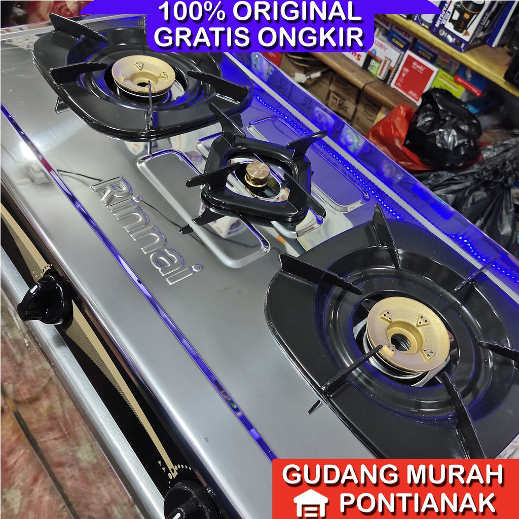 Kompor Gas Rinnai 3 Tungku api lilin Ri 603 E body lepas stainless anti karat badan rangka bisa di lepas