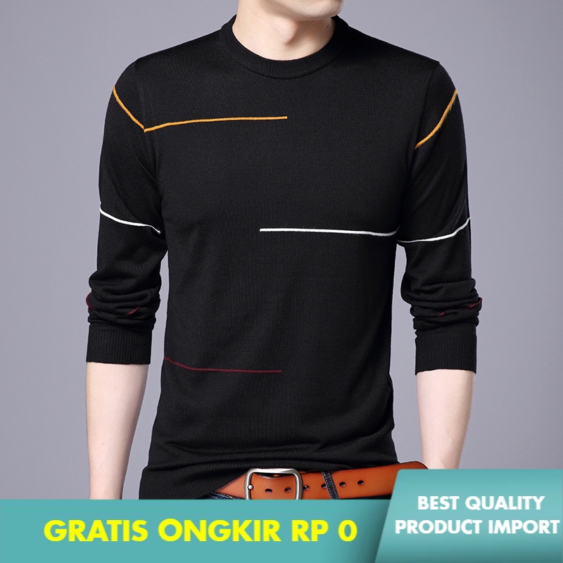 Kaos T-shirt Pria Pemuda Pria Lengan Panjang T-shirt Slim Leher Bulat Pullover Merajut T-shirt Pria 