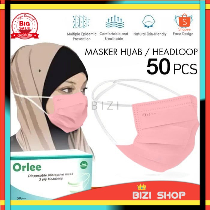 Masker 3 Ply 3ply Headloop Hijab Orlee Original kemenkes Pink isi 50