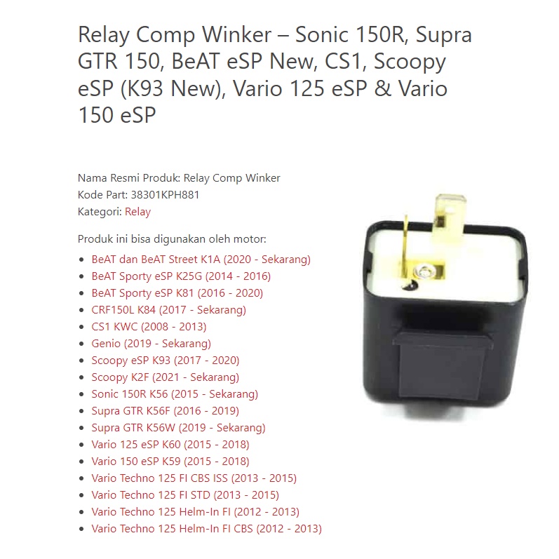 38301KPH881 Relay Comp Winker – Sonic 150R, Supra GTR 150, BeAT eSP New, CS1, Scoopy eSP (K93 New), 