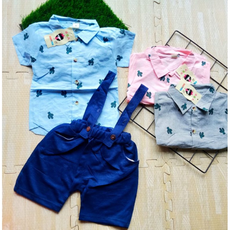 SETELAN KEMEJA ANAK LAKI LAKI IMPORT 0-4 TAHUN SUSPENDER FREE DASI MOTIF KAKTUS / SETELAN KEMEJA SUSPENDER ANAK COWOK IMPORT 0-4 TAHUN