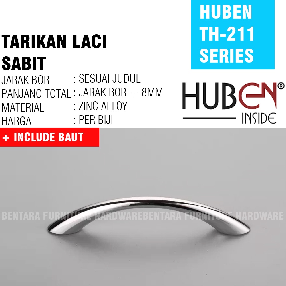 HUBEN TH-211 96 MM - TARIKAN LACI SOLID TARIKAN SABIT PINTU KABINET LEMARI MEJA DRAWER HANDLE ZINC ALLOY CHROME &amp; GOLD