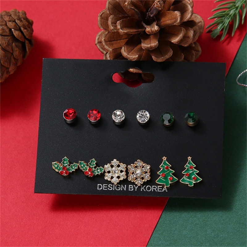 6 Pasang Anting Stud Handmade Bentuk Bola Snowflake Pohon Natal Untuk Wanita