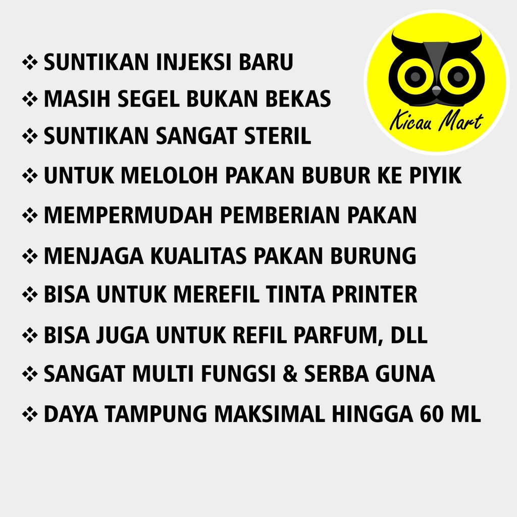 SUNTIKAN 60 50 ML 50ML CC SPET LOLOH LOLOHAN PAKAN ANAK BURUNG PARROT AFGREY KAKATUA BESAR JUMBO ASPLBTR