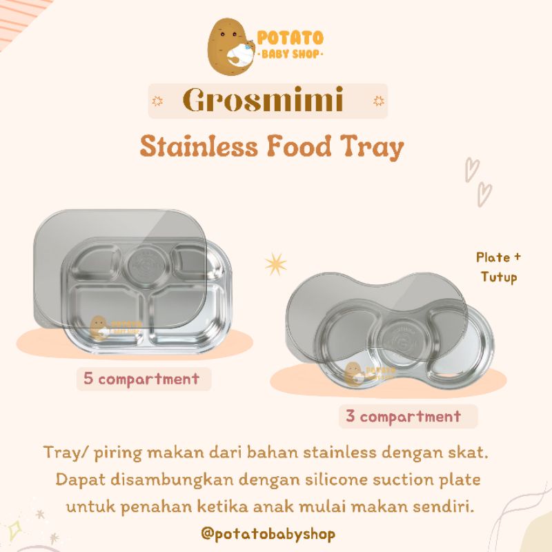 Grosmimi Stainless Food Tray 5C &amp; 3C Suction - piring sekat 3 &amp; 5