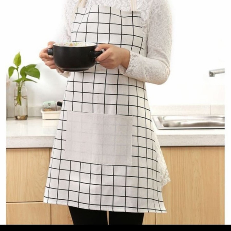 Celemek Masak APRON Dapur Korean Style Kain KANVAS Motif Kotak Kotak
