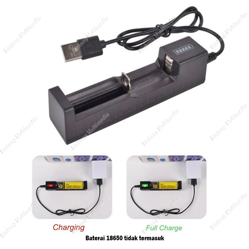 Charger USB Baterai 18650 Auto Cut Off Otomatis Cas Batre isi Ulang Led Indikator 1 Slot Adaptor Pengisi Daya Batrei Senter Police Swat Full Self Stop