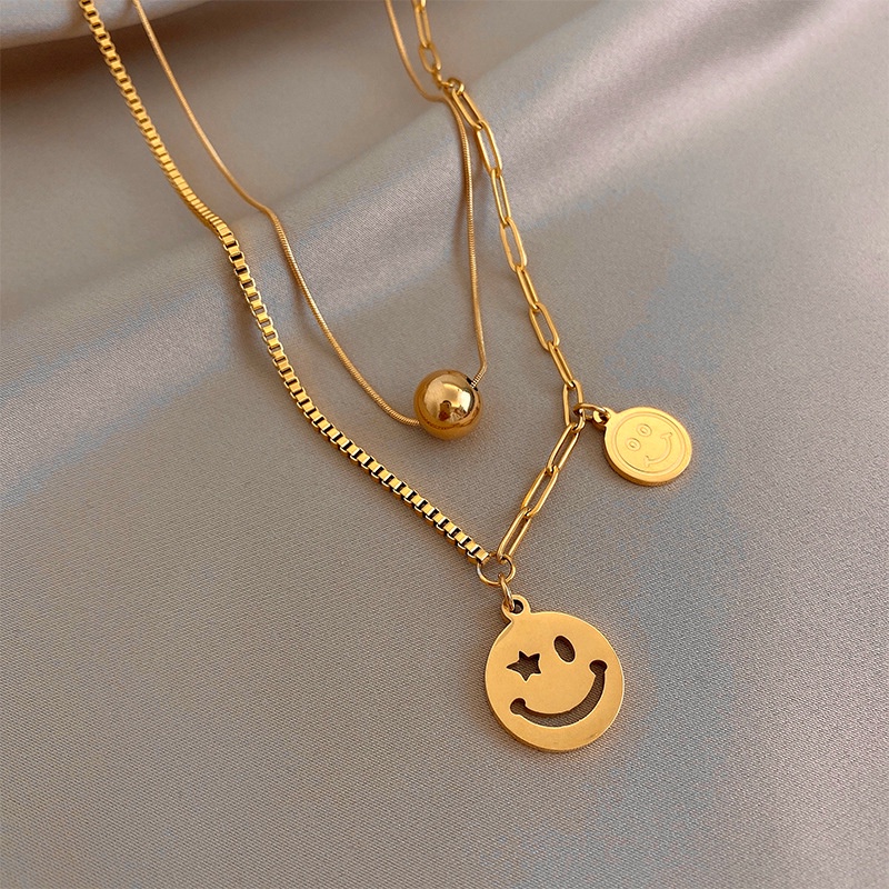 Kalung dua layer smile rantai kombinasi titanium korea style anti karat - ercassia