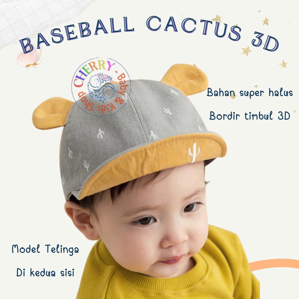 Topi Cactus Model baseball 1 - 4 Tahun motif bordir kaktus warna abu kuning Topi Bayi High Quality CBKS VC