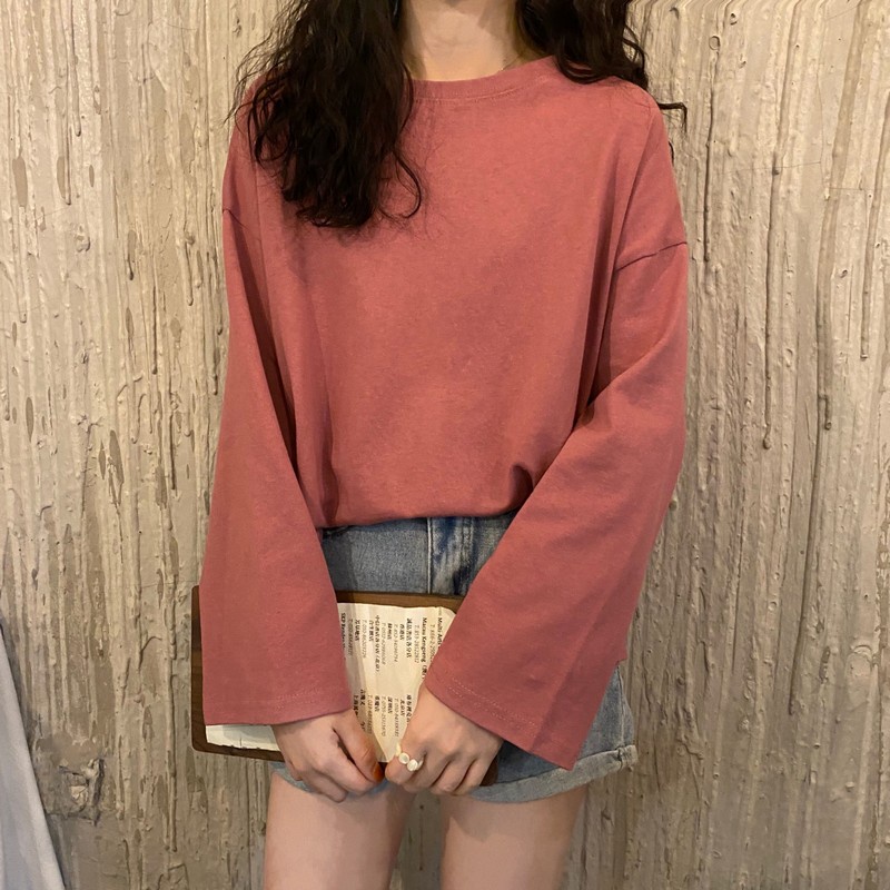 MOOGU ♡ Kaos lengan panjang longgar warna solid atasan wanita tshirt t-shirt top