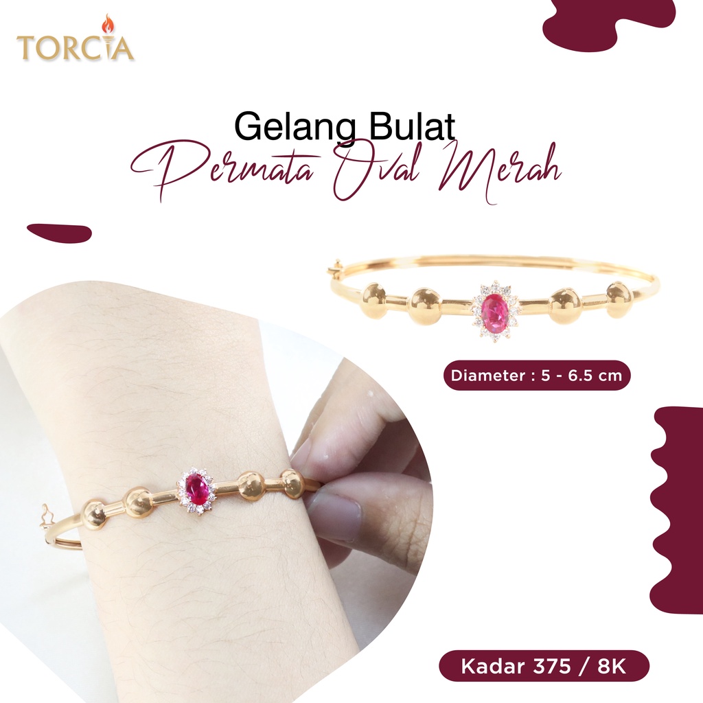 Gelang Bulat Emas Asli Permata Oval Merah Kadar 375 Torcia
